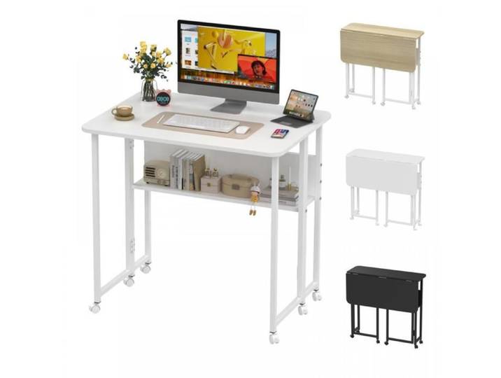 Bureau Pliant à Roulettes 80×58×75 cm Bureau Portable Table de Bureau Pliante avec Rangement Bureau d'ordinateur Blanc