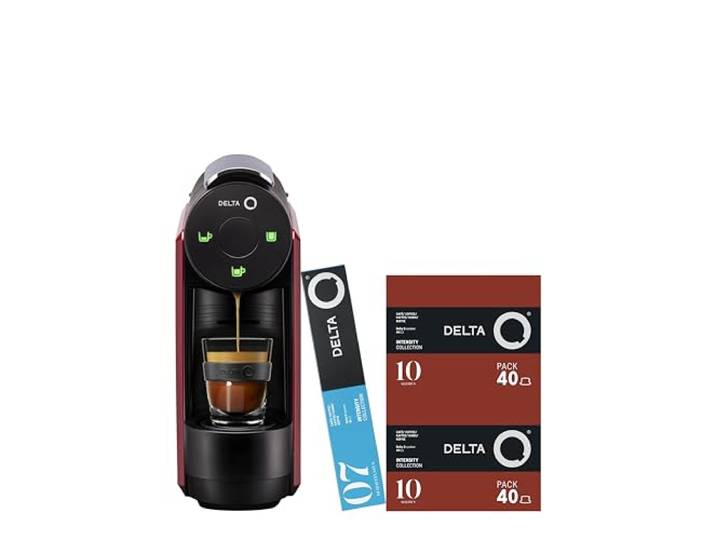 Delta Q MiniQool Kapselmaschine, Rot, inkl. 90 Kapseln 19 Bar Druck, 0,6 l Tank, inklusive 2 x 40 Qalidus-Kappen und 10 entkoffeinierten Caps, ultrakompaktes Design