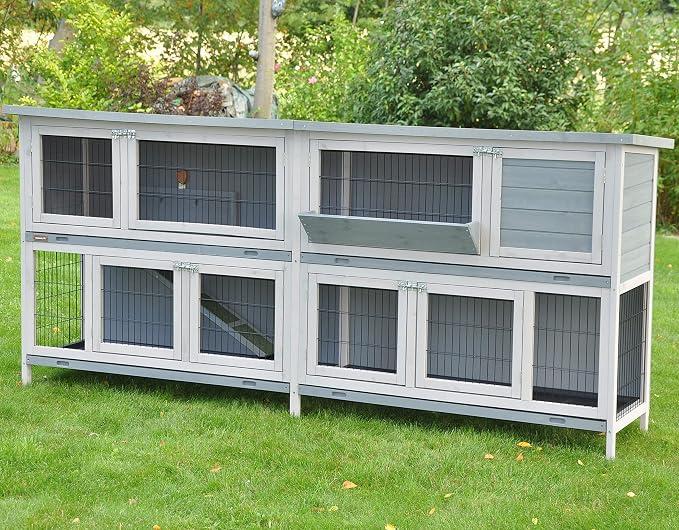 Bommel XXL Doppel Kaninchenstall Hasenstall - doppelstöckig - wetterfest - 230 x 50 x 101 - Farbe: grau - extra großes Kaninchengehege