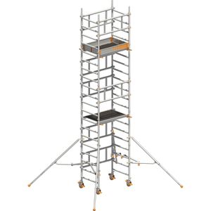 Layher Gerüst SoloTower, Arbeitshöhe 6,15m, mit höhenverstellbaren Ø 150mm Rollen & 4 Gerüststützen