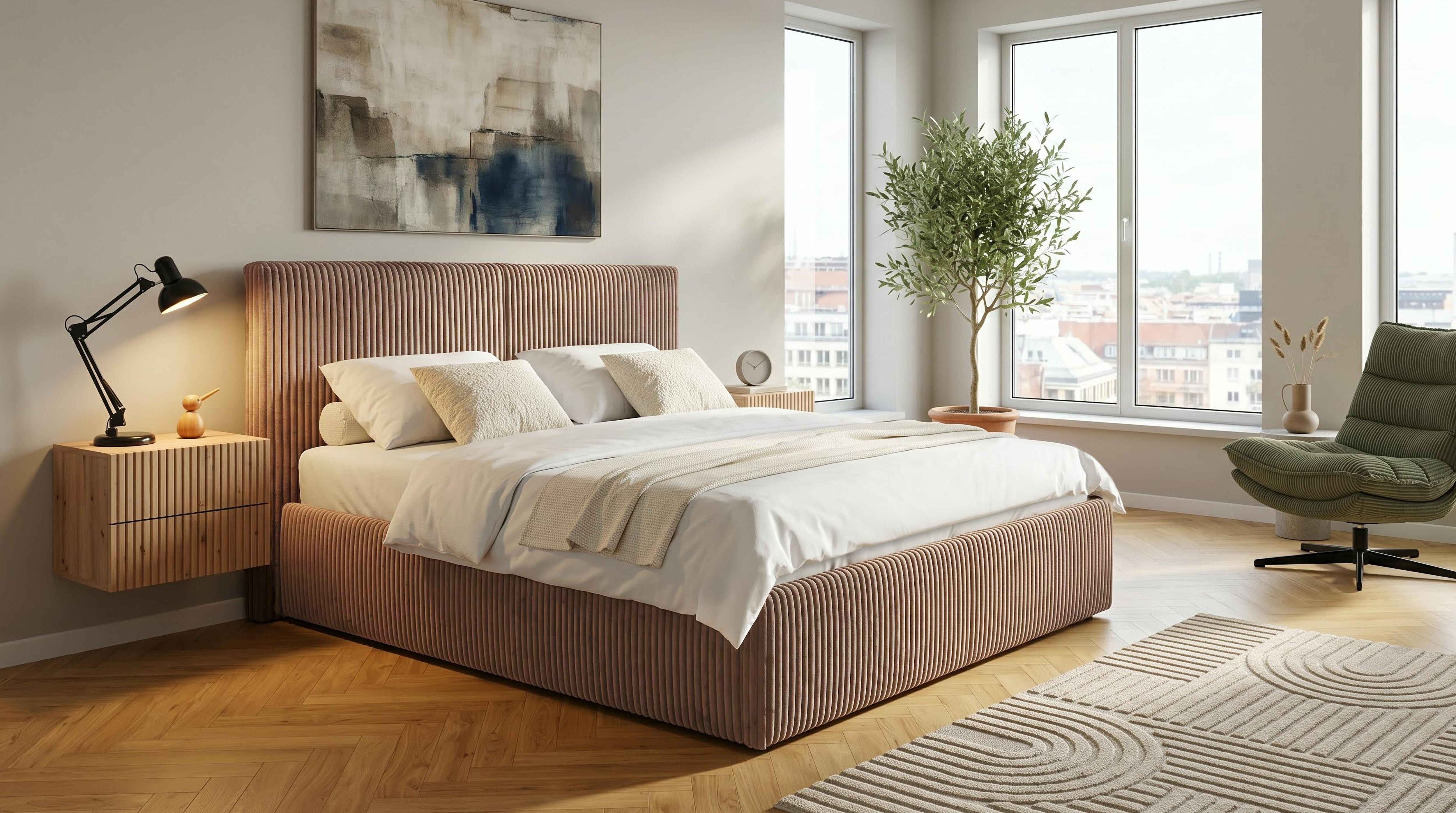 Polsterbett GOODPRODUCT "AVVRA wahlweise mit Lattenrost und King-Matratze H3 (28cm)", hellbraun, B:201cm H:118cm L:220cm, Betten, Polsterbett, mit flauschigen Breitcord-Bezug, Liegefläche 180x200cm hellbraun Liegefläche Länge B: 200cm x 180cm, Breitcord m