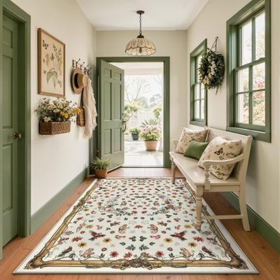 Bluebell Washable Vintage Botanical Animal Low-Pile Area Rug with Non-Slip Backing