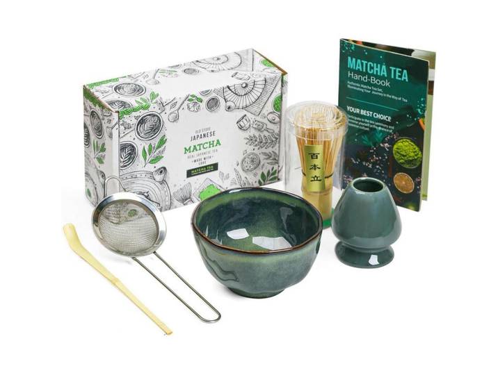 Matcha-Teeset 5-teiliges Set Keramikschale Bambusbesen, Grün, 19.4x8.9x24.6 cm, Geschirr, Kannen & Karaffen, Kaffeezubehör & Teezubehör