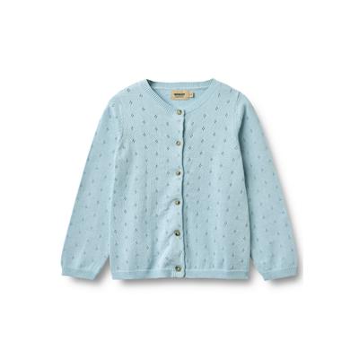 Strickjacke WHEAT "WHEAT Knit Cardigan Maia", Mädchen, Gr. 104, blau (summer sky), 100% Baumwolle (Bio), unifarben, normal, Rundhals, Strickjacken Strickjacke