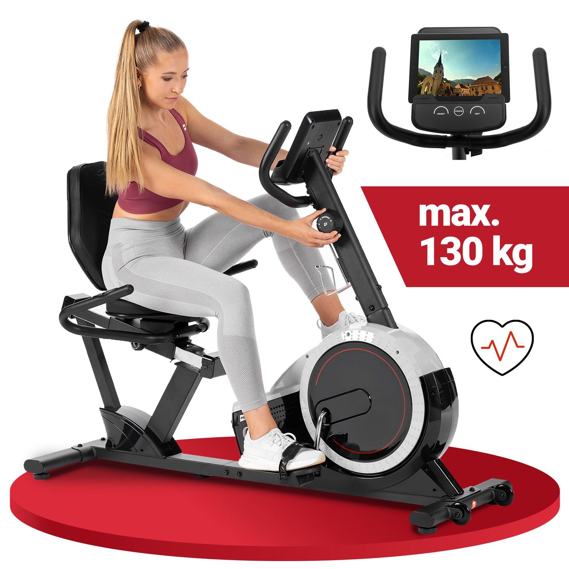 Hop-Sport Liegeergometer HS-060L - Liegeheimtrainer mit Handpulssensoren, 15 kg Schwungmasse, 8 Widerstandsstufen - Sitzergometer für Senioren max. Benutzergewicht 130 kg silber