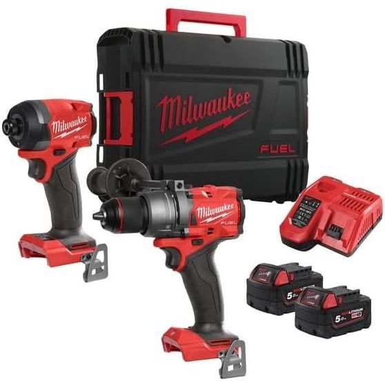Milwaukee M18 FUEL M18FPP2A3-502X 18V Combi Drill & Impact Driver Twin Kit – 2×5.0Ah Batteries, Fast Charger & HD Box, New