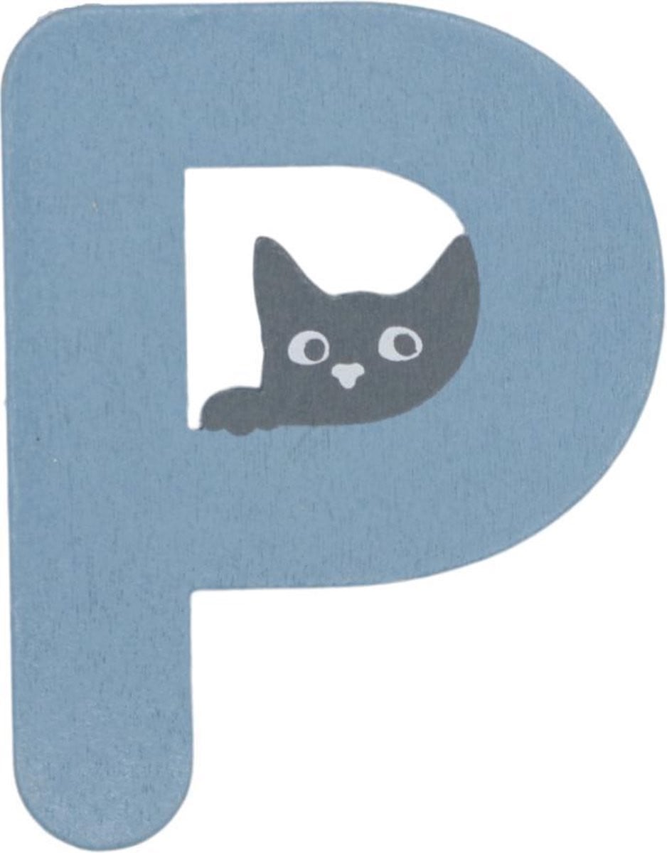 Charl's Toys Houten Letter P Blauw met Kat - 9 cm