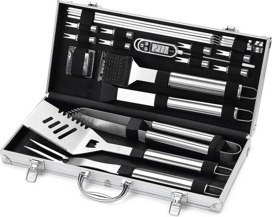 21-delige BBQ-set met BBQ-thermometer en opbergkoffer in zilver en roestvrij staal