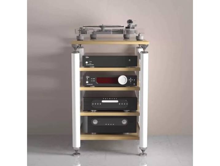 Modulares HIFI‑Audio‑Rack – Verstellbare Ablagen, Plattenspielerständer Mehrstöckiges Audio‑Regal, vielfältige Farben, schwingungsdämpfendes Design(White+Natural Wood,4‑Tier)