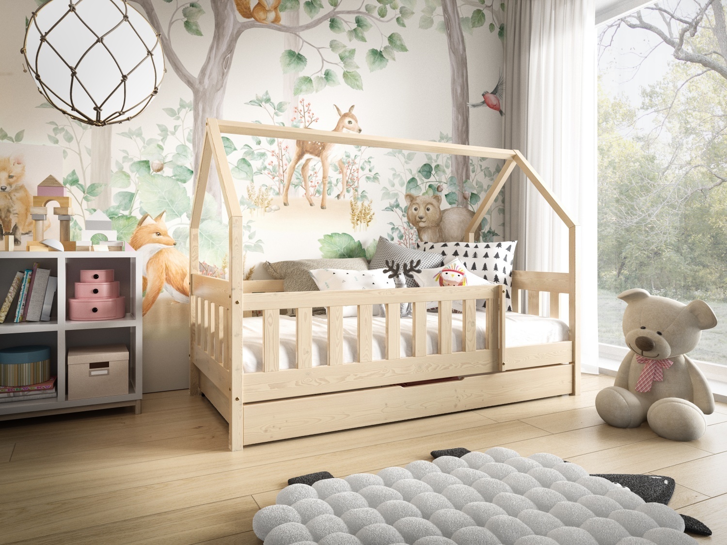 MTJMöbel Kinderbett LUNA 190x80cm mit Matratze, Hausbett mit Schublade und Schutzbarriere, Kiefernholz