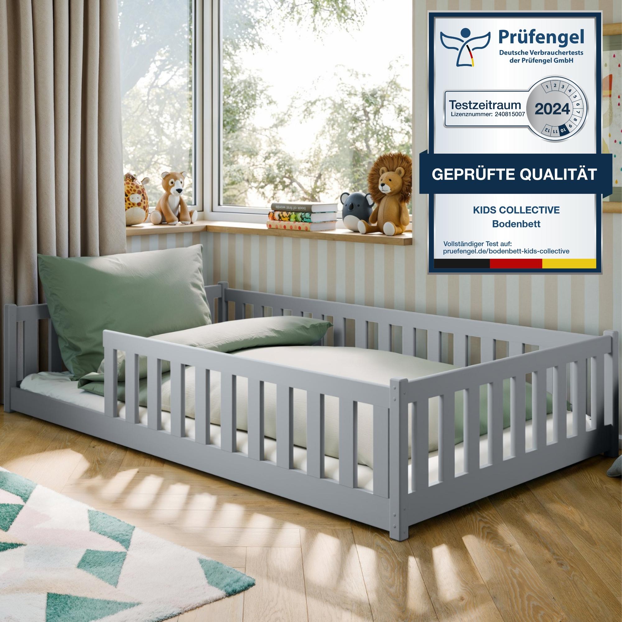 Kinderbett Bodenbett 120x200 cm mit Rausfallschutz, Matratze & Lattenrost Montessori Bett Bed Gitterbett Kinder Jugendbett Einzelbett | Aschgrau