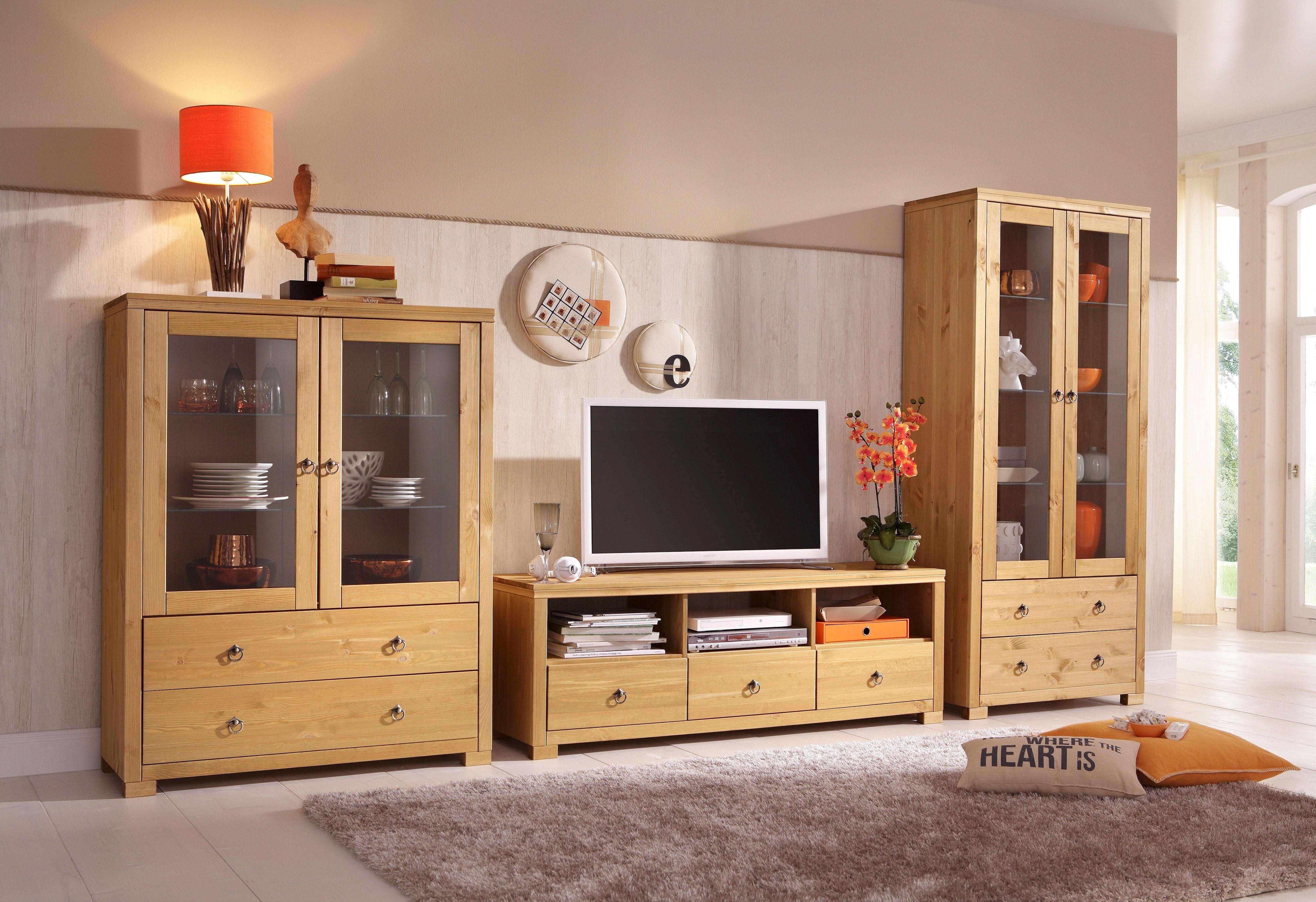 Wohnwand GOODPRODUCT "Gotland", beige (natur), Kastenmöbel-Sets, Wohnwand, bestehend aus 1 Highboard, 1 TV-Lowboard und 1 Vitrine natur Einheitsgröße