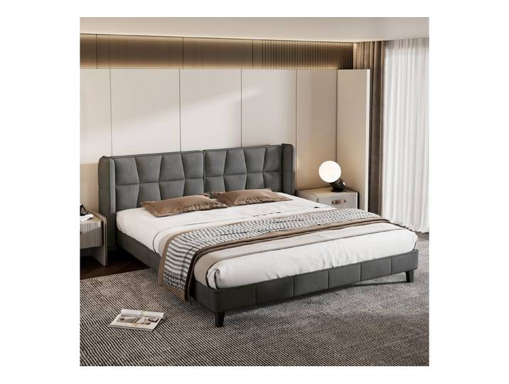 HAUSS SPOLE Polsterbett Jugendbett Doppelbett Bettrahmen Bettgestelle (Optimale Stützkraft, Holzlattenunterstützung, Einfache Montage Samt, grau), Stabile Struktur