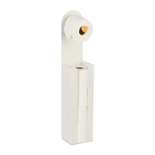 Relaxdays toiletrolhouder vrijstaand met reserverolhouder, metaal en bamboe, wit, H x B x D: 66 x 12 x 11 cm