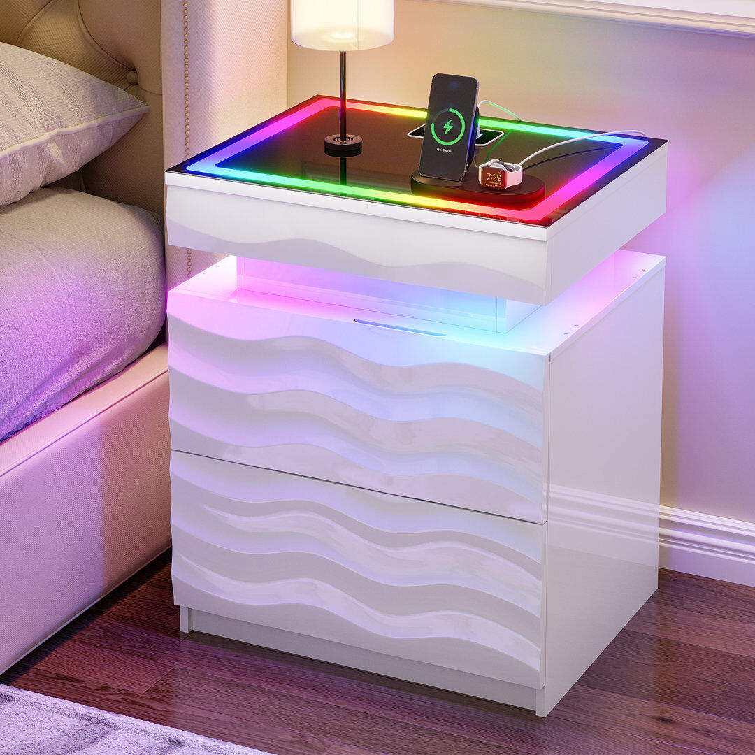 Vlsrka Motion Sensor RGB Light Bedside Table with Tempered Glass Top and Hidden Storage White 60cm H X 50cm W X 40cm D