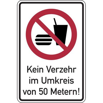 Verbotsschild, Kombischild, Kein Verzehr im Umkreis von 50 Metern!, Aluminium - 200 x 300 x 2 mm Aluverbund