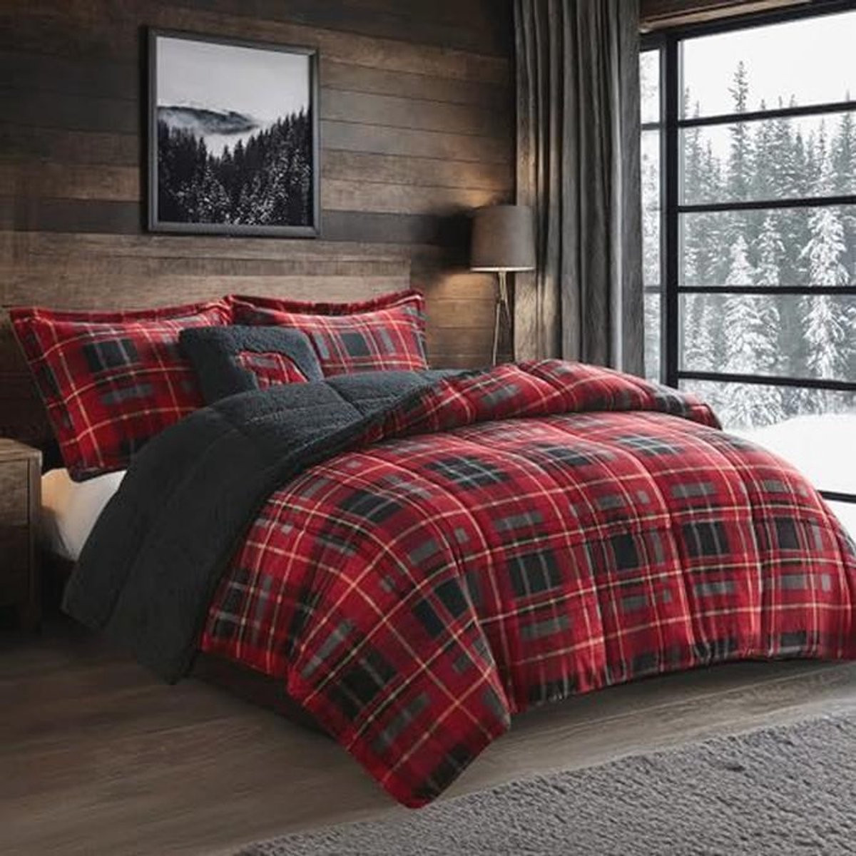 4-delige Reversible Dekbedset Ultra Soft Plush Sherpa Down Alternative Warm Bedding Red Plaid King
