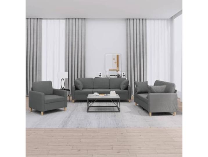 HEFZGDB 3-TLG. Sofagarnitur mit Kissen Dunkelgrau Stoff – Robuste Wohnzimmergarnitur mit strapazierfähigem Bezug, atmungsaktivem Design und Stabiler Konstruktion aus Sperrholz