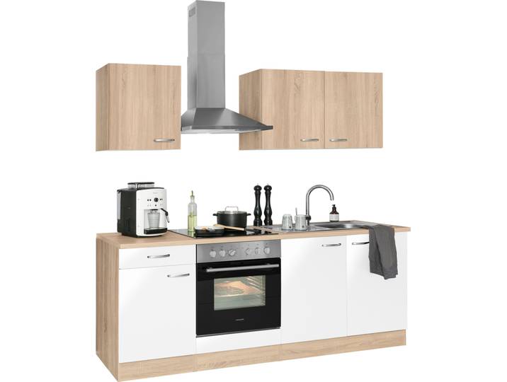 Küchenzeile, Holzwerkstoff, Weiß/Eichefarben, 210×60 cm, Mit Soft-Close-Funktion, OPTIFIT Parare