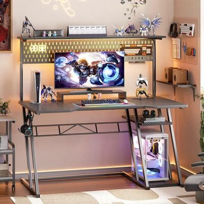 Rackcog Gaming Desk with Hutch and LED Lights, Computer Table with Storage Shelves