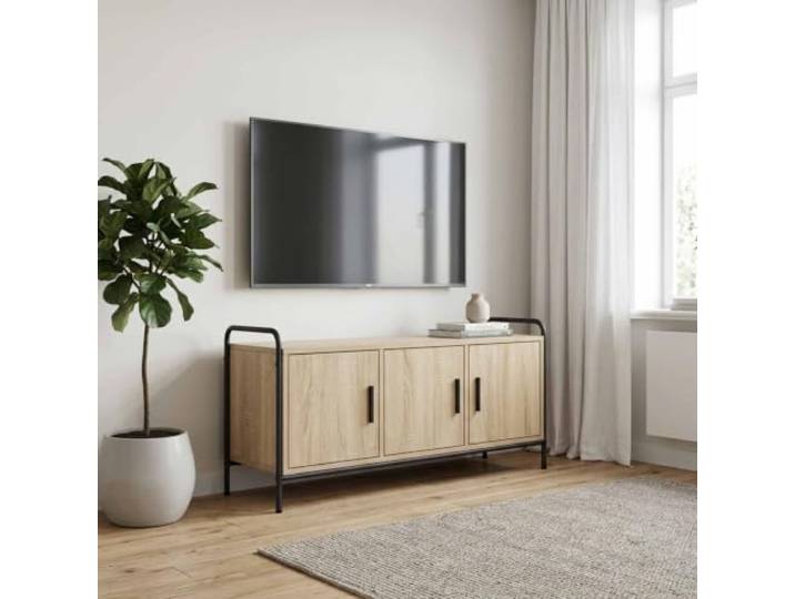 hliofuir TV-Schrank 99x33x50 cm Sonoma-Eiche Lowboard Rechteckiges Lowboard fuer Wohnzimmer und Schlafzimmer, mit verzinktem Stahlgestell und 90-Grad-Tueren fuer Geraete.