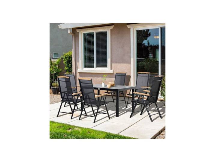Ensemble 6pliant aluminium maille noire 1table+6fauteuils modulable pour jardin terrasse