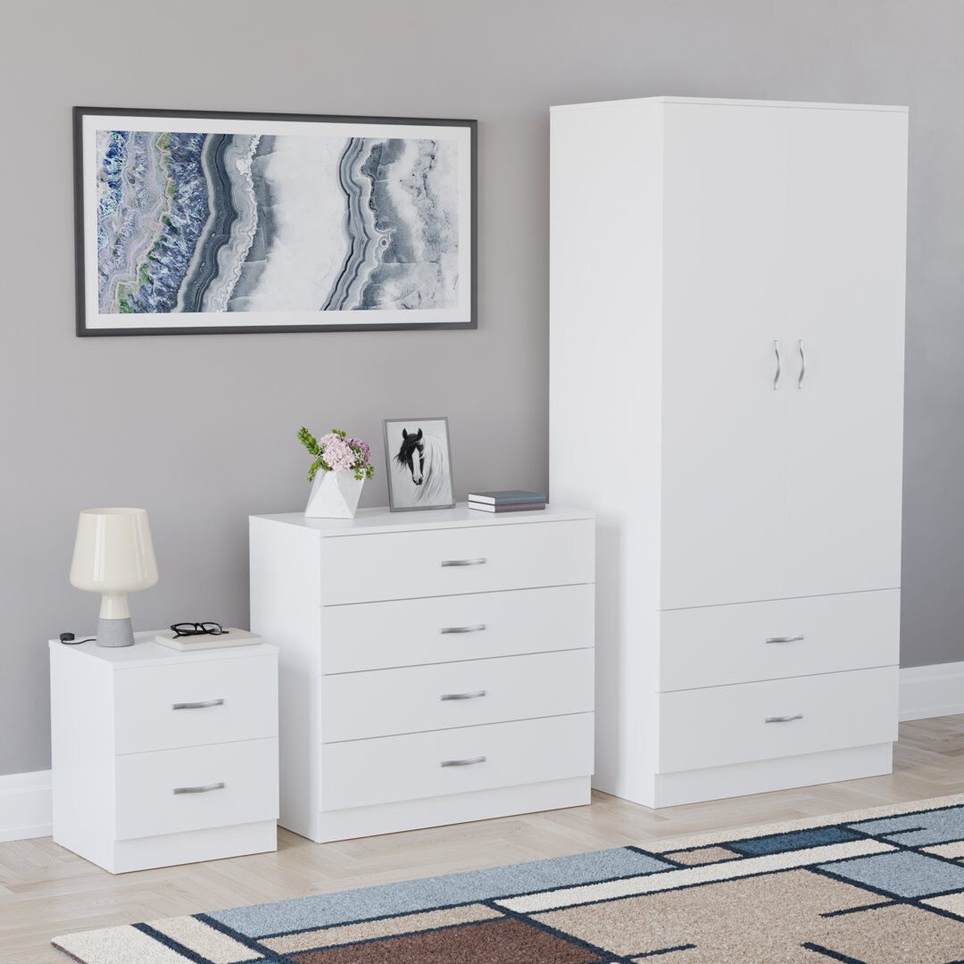 17 Stories Maybery 3 Piece Bedroom Set (2 Drawer Bedside Chest, 4 Drawer Chest, 2 Door 2 Drawer Wardrobe), (4) White