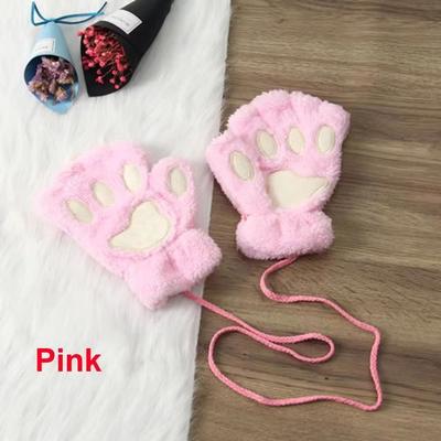 Inspired Finds Cute Cat Claw Winter Half Finger Gloves Thick Fluffy Bear Paw Plush Fingerless Mittens For Women And Girls pink