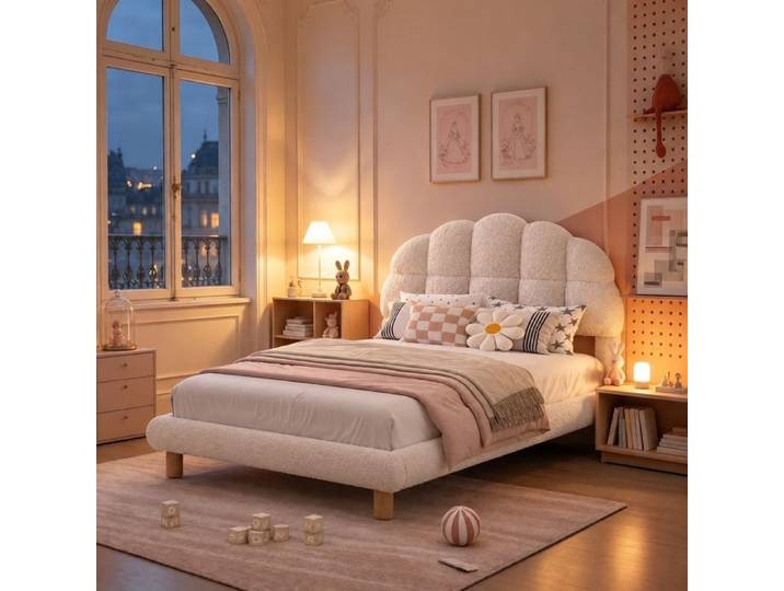 Lit Enfant 90x200 avec Sommier - RWUDV - Lit Rembourré Enfant 90x200 cm avec Tête de Lit Réglable - Cadre de lit - Tissu Blanc