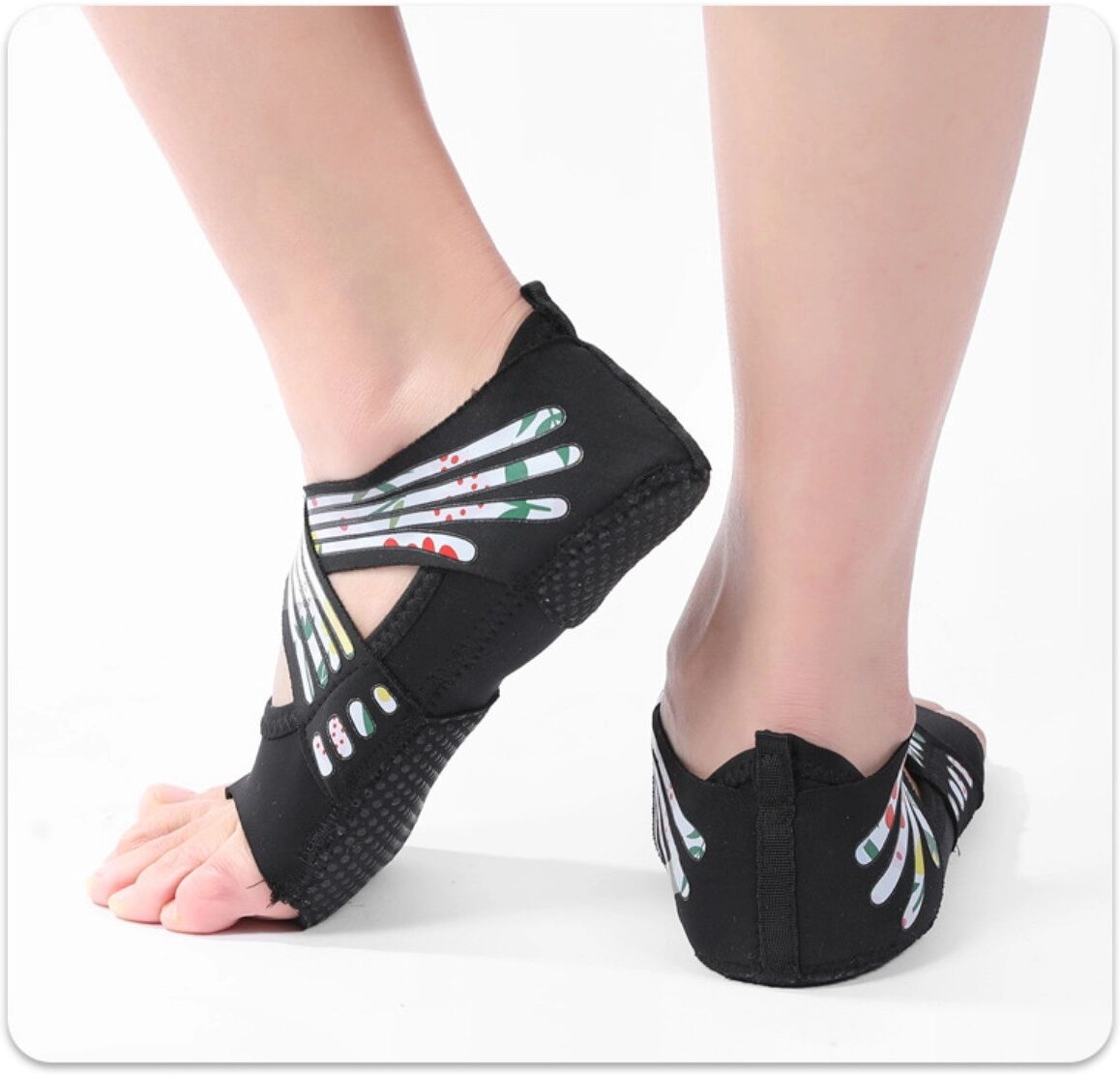 INF Zehenfreie Pilates-Yoga-Schuhe - Baumwolle-Lycra offene Zehen rutschfeste Grip-Socken mit Kreuzriemen-Fersenstütze S