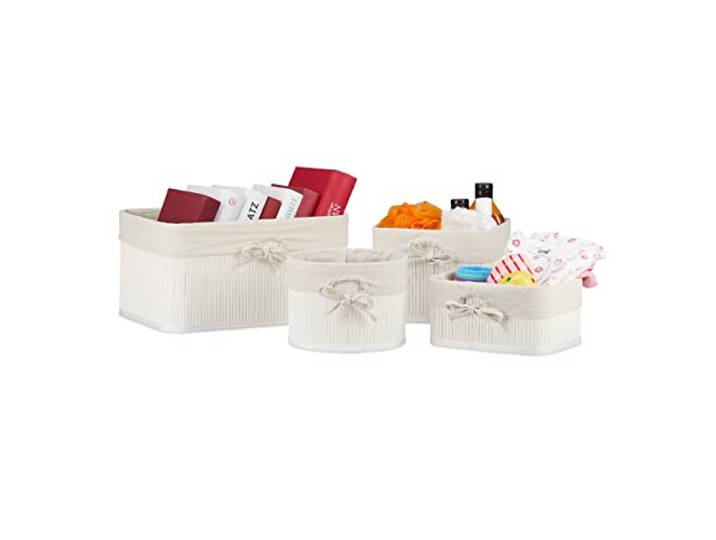 Relaxdays 16x paniers de rangement\, bambou et intérieur tissu\,lot\, corbeilles salle de bain\, panière étagère\, 4 tailles\, blanc