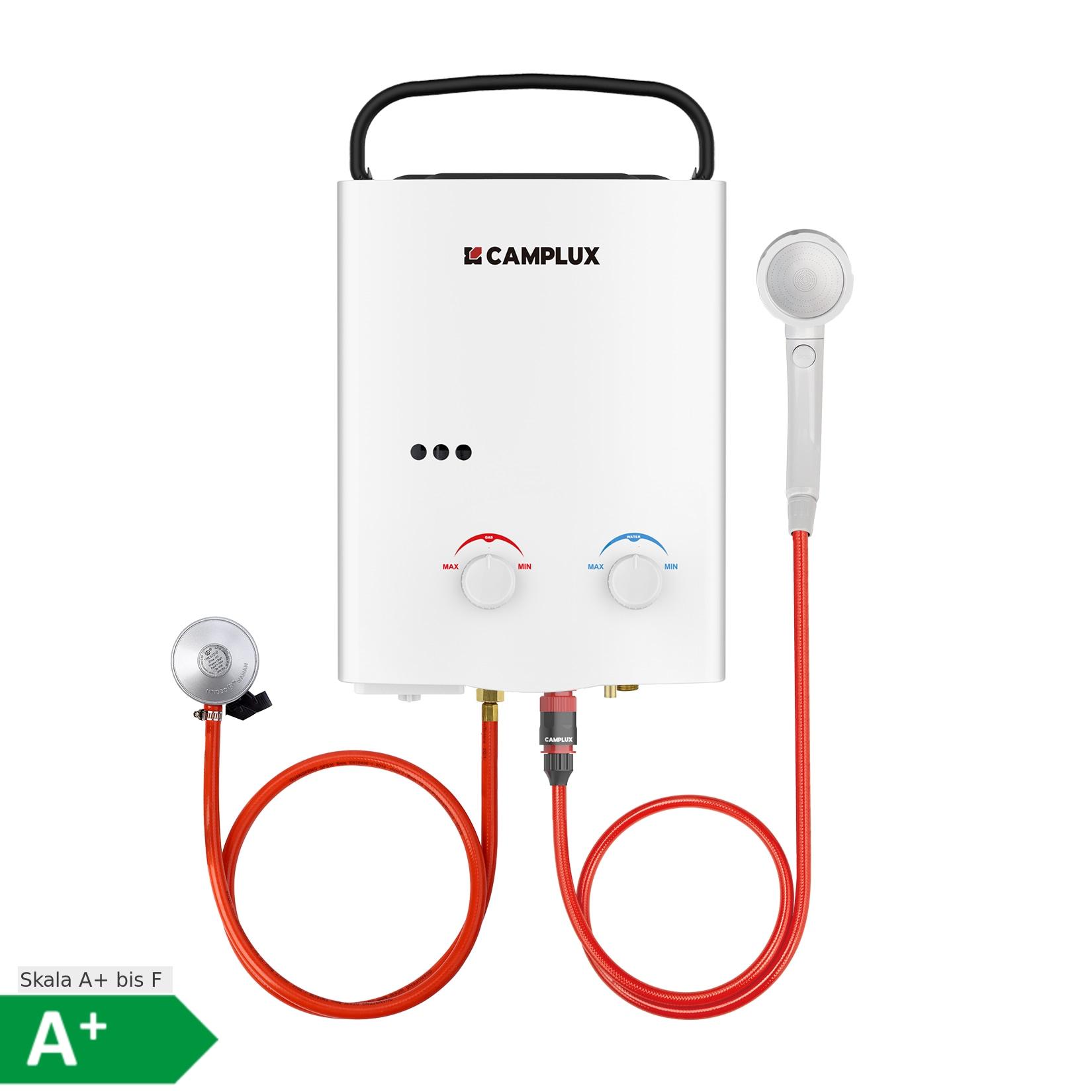Camplux Tragbarer Gas-Durchlauferhitzer 10 kW, 5 L/min, Weiß