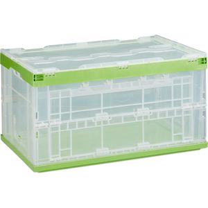 Relaxdays Klappbox transparent / grün, 60 Liter, mit Deckel und Frontklappe, 59,5 x 39,5 x 31,5 cm