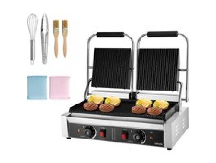 VEVOR kommerzieller Kontaktgrill 3600 W Elektrogrill Sandwichmaker (Doppelbackplatten) Panini Presse aus Edelstahl mit Temperaturregelung, 48 x 23 cm gerillte Emailleplatte für Hamburger Steak Speck