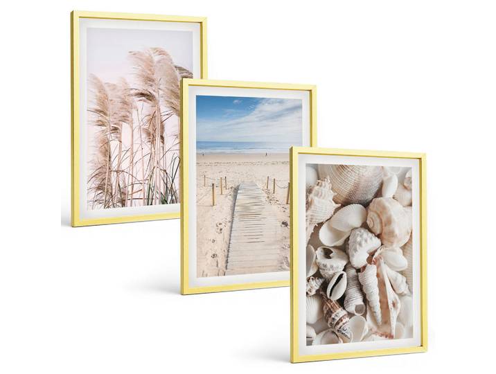 Tulup Bilder SET 3er Set - 40x60 cm Goldrahmen - Strandmuscheln Seegras, Goldfarben, Kunststoff, Rechteckig, 40x60 cm, Fotografie, Bilder & Rahmen, Bilder
