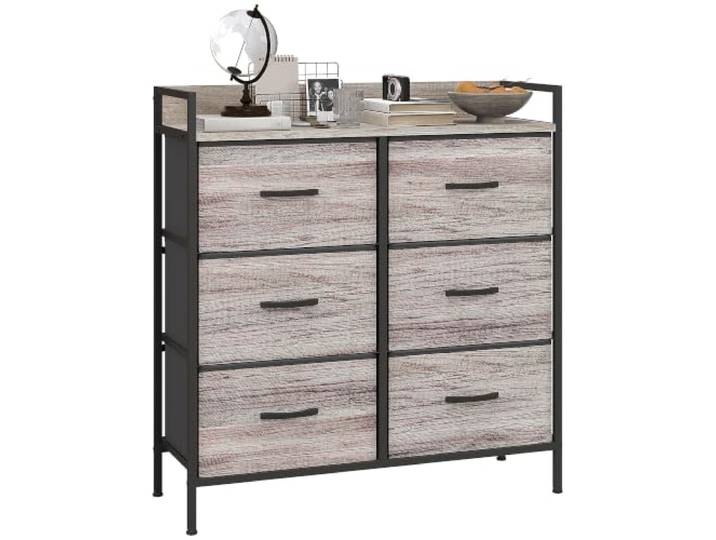 HOMCOM Kommode mit 6 Schubladen aus Stoff Aufbewahrungsschrank Kommodenschrank mit Holzoptik, Griffen, Stahlgestell, Industrie-Design Sideboard für Wohnzimmer Grau