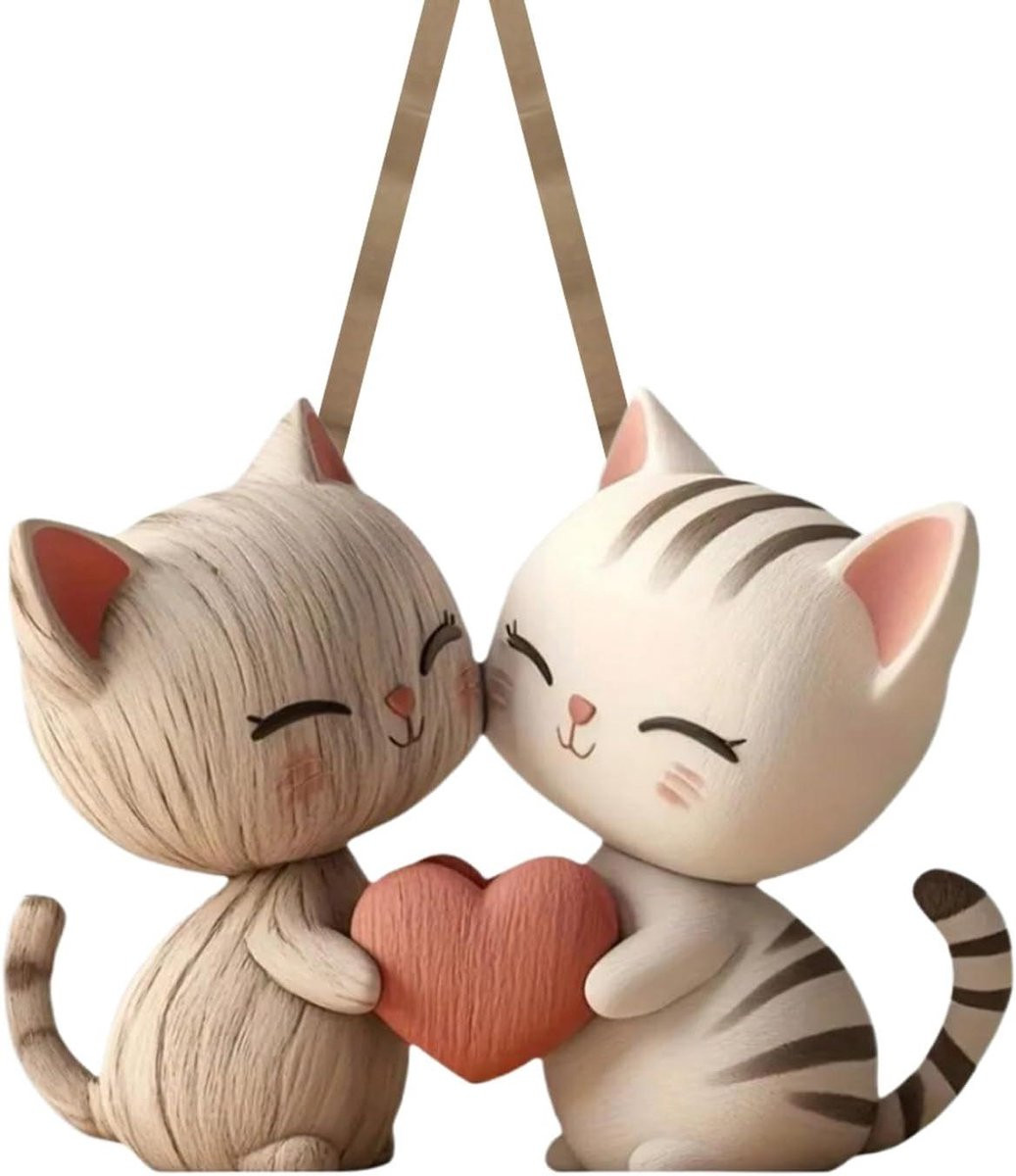 Houten Kat Beeld Decoratie Paar in Houtkleur, Hoogte: 10 cm