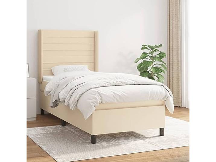 RJPLMFV Bettgestell, 90 x 200 cm, Stoff, cremefarben Verstellbares Kopfteil, Taschenfederkernmatratze, mittelharte Unterstützung, weicher Matratzenschutz