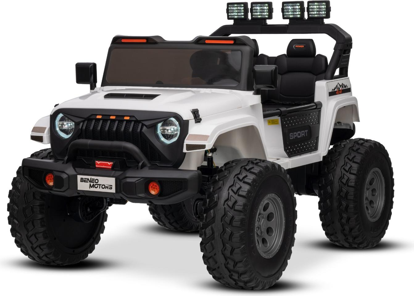 Elektrisches Kinderauto Beneo Motors OFFRIDE 4x4 Zweisitzer 24V, weiß, MP3-Player mit USB/AUX-Eingang, 4x4 Antrieb, Lithium-Akku, große EVA-Räder mit Hinterradfederung, Fernbedienung, LED-Lichter