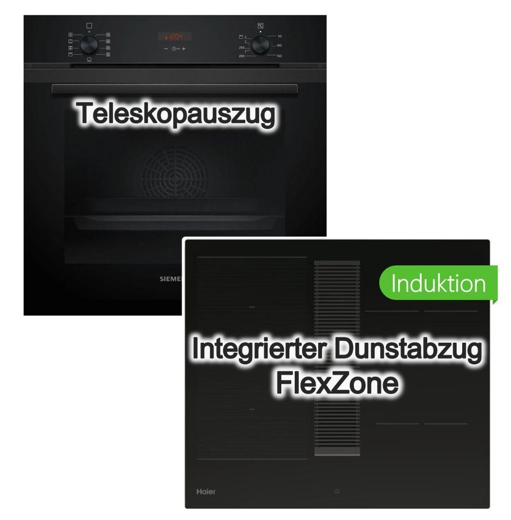 HERDSET Siemens Backofen 3D Heißluft Teleskopauszug+ Haier Muldenlüfter Induktionskochfeld integrierter Dunstabzug Flex Zone