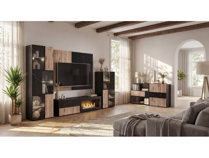 Raumhirsch Furniture Kommode Sideboard, Schrank, Wohnschrank, Anrichte (Maße: 160 x 45 x 82 cm (2 Klappen, 1 Schublade, 1 Tür), Lamellenoptik und Marmoroptik, Modernes Design, Einfache Montage