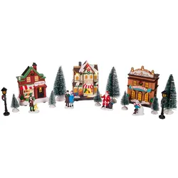 WellHome - 14-teiliges LED-beleuchtetes Weihnachtsdorf-Szenenset
