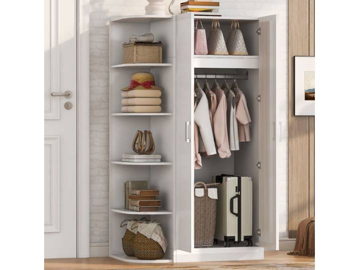 Armoire de chambre 90x55x170cm Armoire Penderie avec 2 porte et étagères MDF Penderie pour Chambre à Coucher Salon blanc