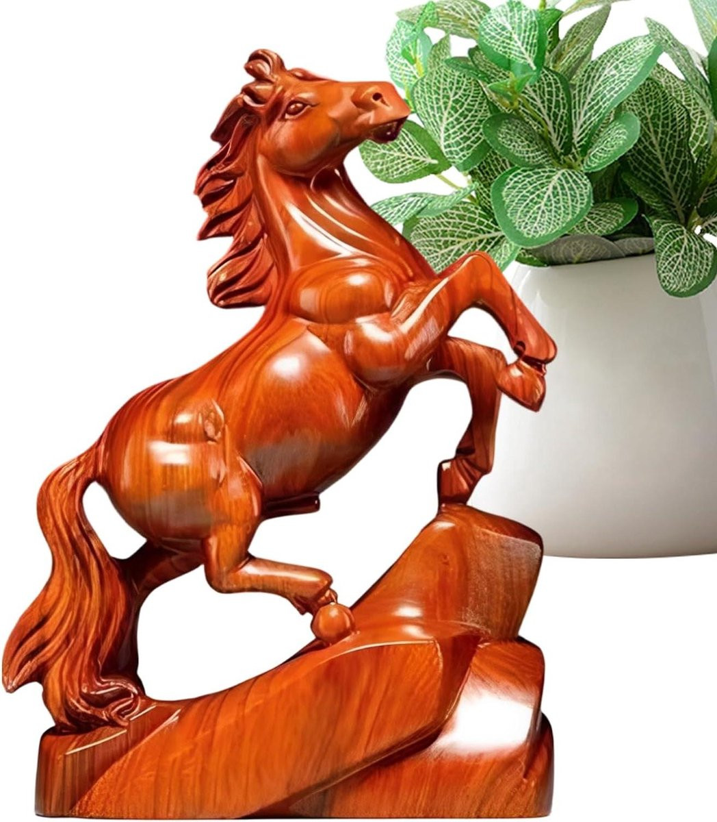 Handgesneden houten paardenbeeld decoratie - Lichtbruin - Hoogte: 15 cm