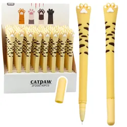 Gelstift mit Katzenpfoten-Motiv, blaue Tintenkappe, Streifen, Gelb, 16,5 cm