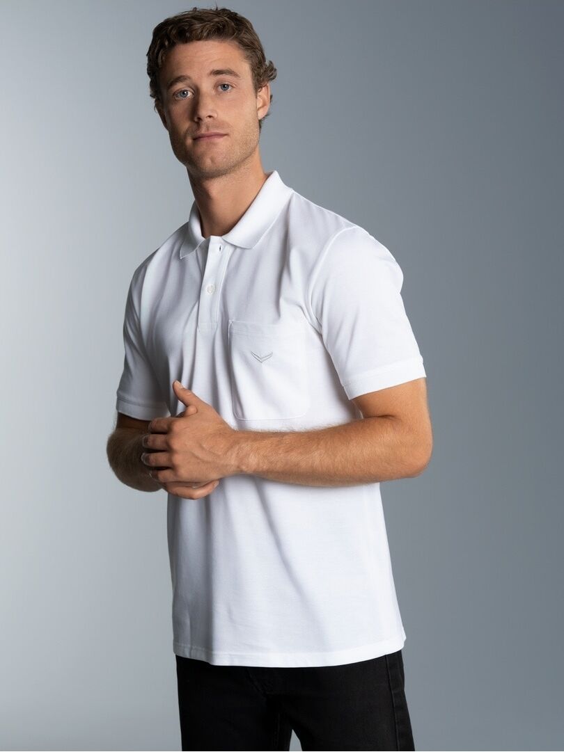 Poloshirt TRIGEMA "TRIGEMA Polohemd mit Brusttasche", Herren, Gr. M, weiß, Piqué, 100% Baumwolle, Basic, normal, ohne Ausschnitt, Shirts Poloshirt