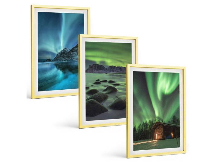 BILDER SET 3er Set - 40x60 cm Goldrahmen - Winterlandschaften, Nordlichter, Berge
