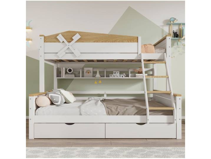 Lit superposé enfant blanc et naturel avec moulin rangements et tiroirs