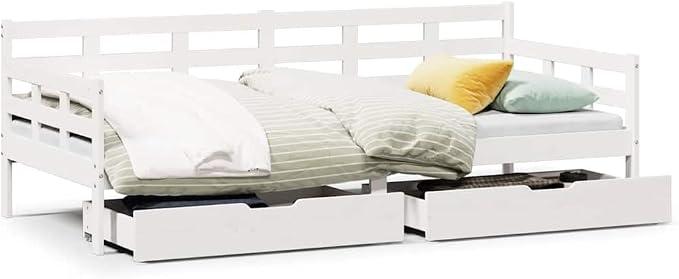 Solid Pine Wood Daybed with Drawers, 90x190 cm, White | Features a space-saving 2-in-1 sofa bed design ideal for guest rooms, kids' bedrooms, and small living spaces.