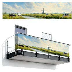 BALKON-SICHTSCHUTZ Kühe - Windmühle - Wiese - Blau Deko XXL 500x120 cm
